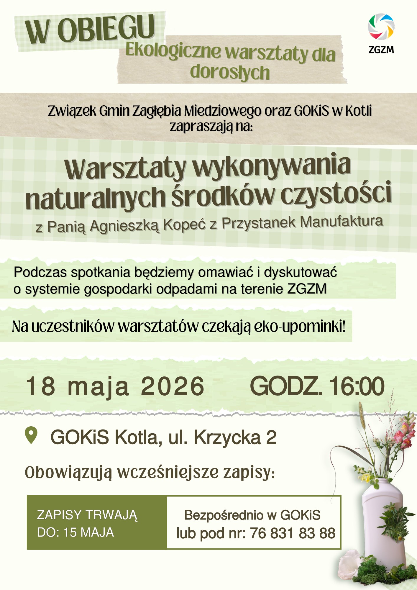 WOLNE MIEJSCA NA BEZPŁATNE EKOLOGICZNE WARSZTATY DLA DOROSŁYCH! ZACHĘCAMY DO ZAPISÓW!
