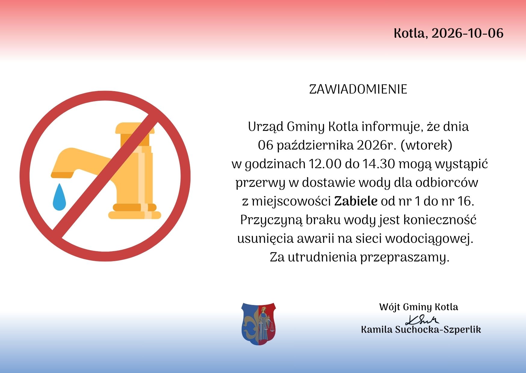 Uwaga! Przerwa w dostawie wody w Zabielu