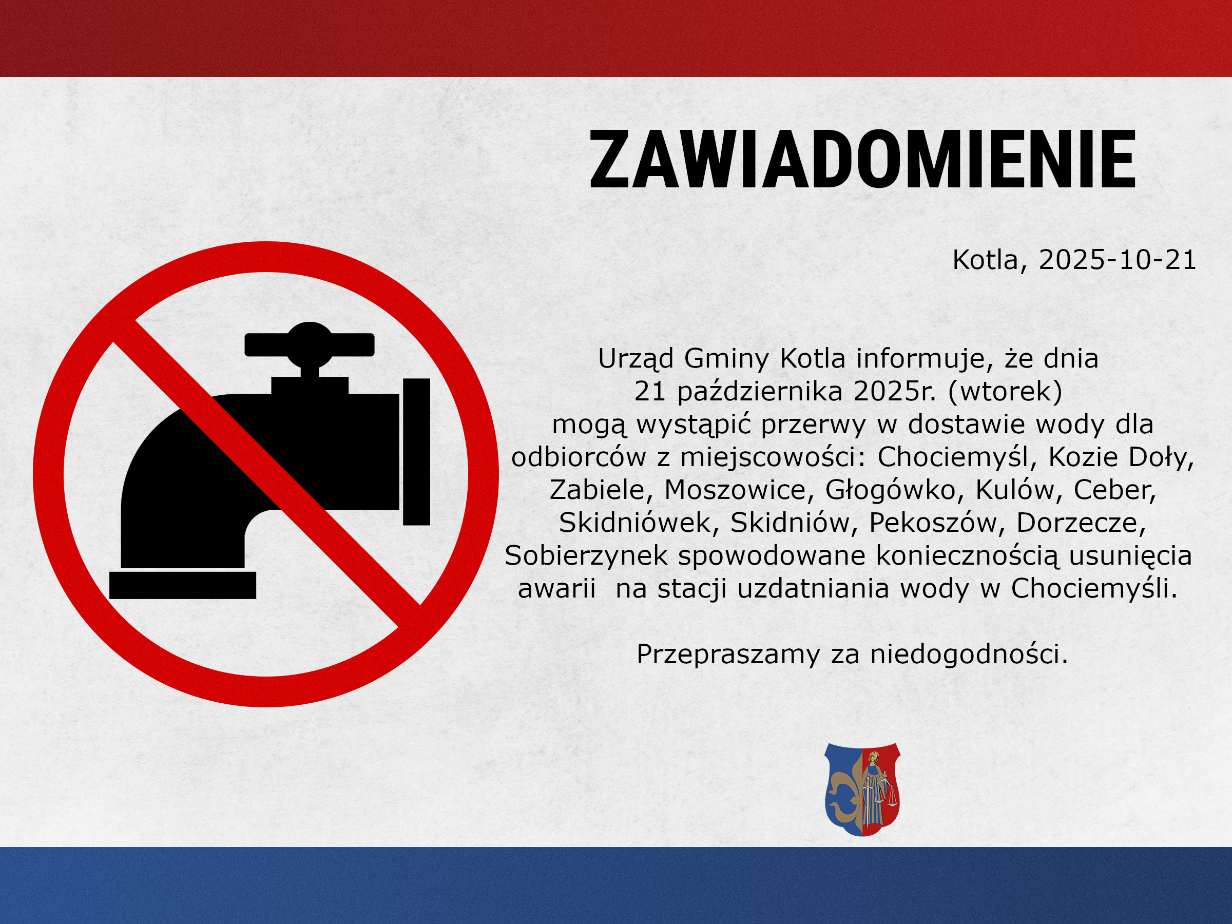 UWAGA! PRZERWY W DOSTAWIE WODY!
