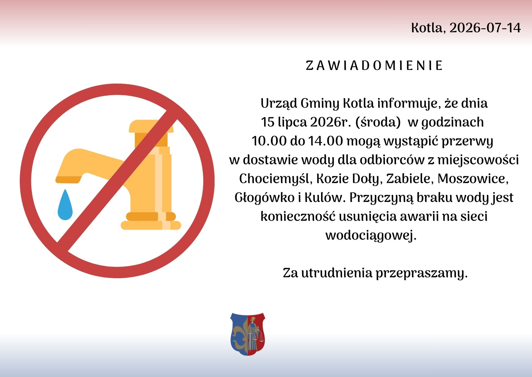 UWAGA! PRZERWY W DOSTAWIE WODY!